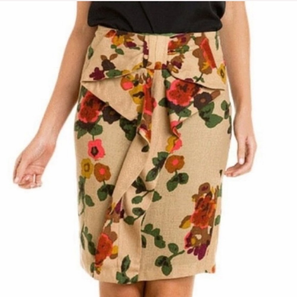 anthro | eva franco lincolnshire floral bow waterfall ruffle skirt tan 4